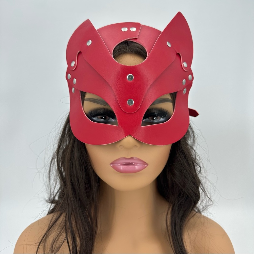 Red Leather Cat Ear Masquerade Mask